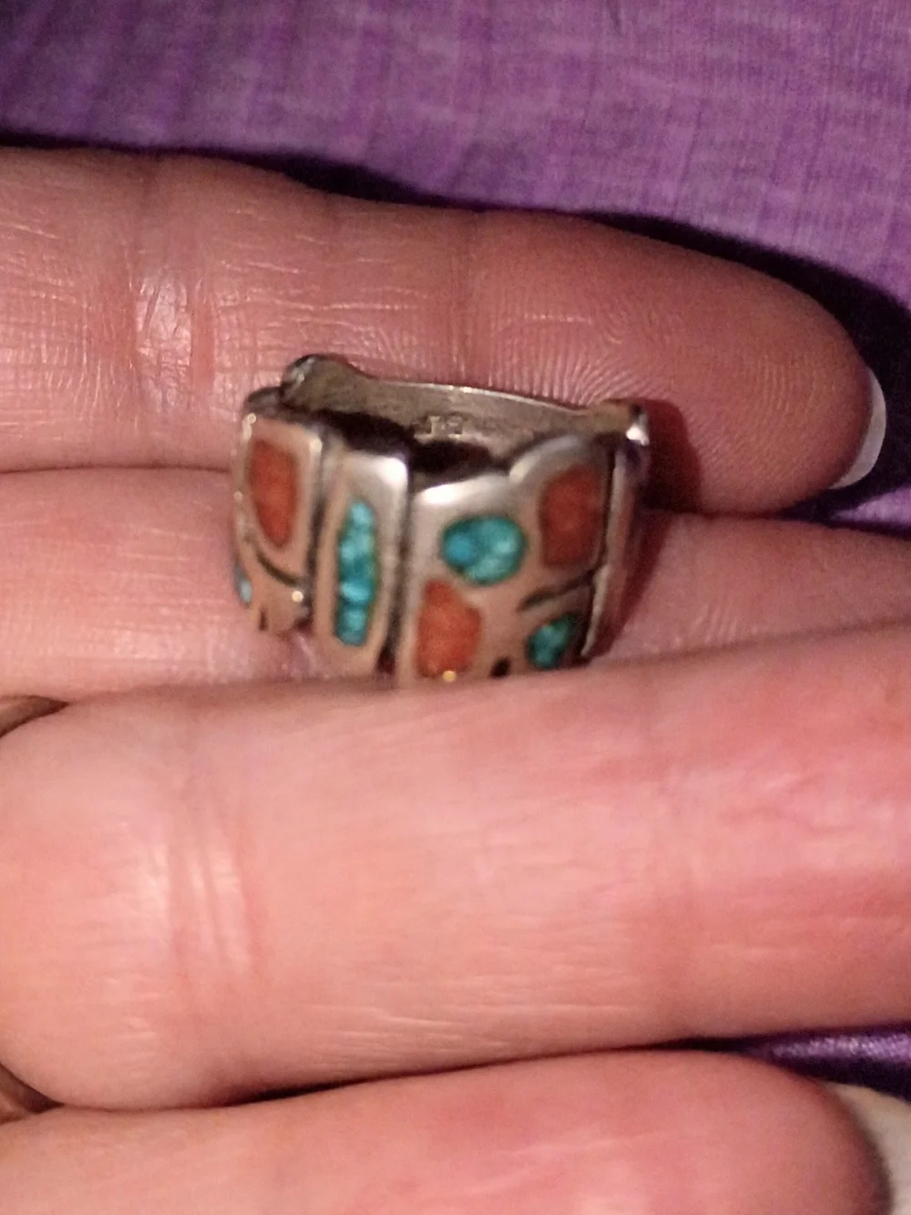 Sterling Silver Turquoise & Coral Inlay Women's Ring
